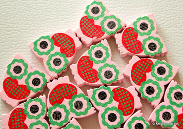 Pink And Red Owl Wood Beads x 10